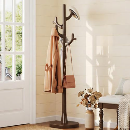 Uniclinens Coat Rack Freestanding Solid Wood Coat Tree Standing with 4 Hooks, Coat Rack Stand Creative Tree Branch-look (Dark Walnut) - color: Dark Walnut, size: Coat Tree