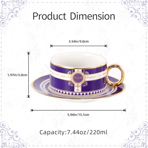 KAMMAK Tea Cups and Saucers Set of 2, Porcelain Coffee Cups, NX026 | Gold Rim, Stackable Espresso Mugs, Ceramic Demitasse for Coffee, Latte, Americano, Afternoon Tea, Elegant Gift for Women - size: 8CZNX026