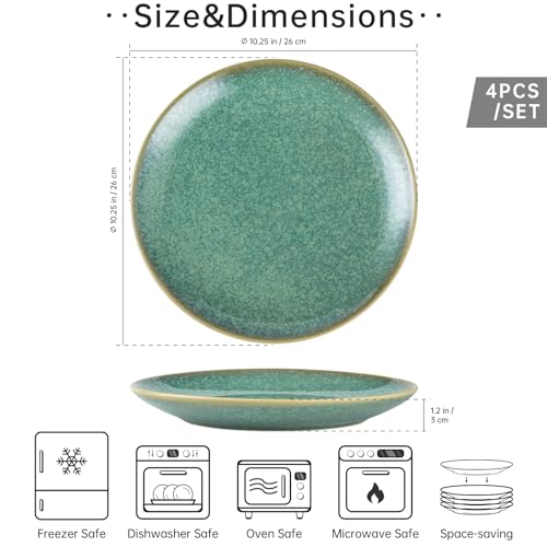 HENXFEN LEAD 10 Inch Dinner Plates Set, Porcelain Serving Dishes for Salad, Pasta, Dessert Microwave, Dishwasher Safe Plates Set of 4 - Reactive Green