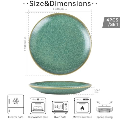 HENXFEN LEAD 10 Inch Dinner Plates Set, Porcelain Serving Dishes for Salad, Pasta, Dessert Microwave, Dishwasher Safe Plates Set of 4 - Reactive Green