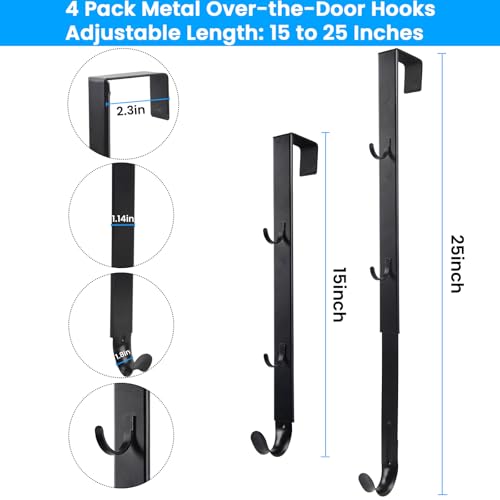 Over The Door Hooks - 4 PCS Adjustable Door Hanger with 12 Hook, 15-25'' Towel Rack Organizer for Bathroom, Heavy Duty Door Hook for Hanging Wreath Coat Clothes Hat, Shower Room Dorm Bedroom Essential