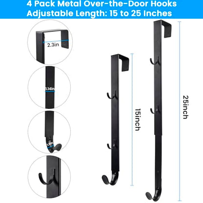 Over The Door Hooks - 4 PCS Adjustable Door Hanger with 12 Hook, 15-25'' Towel Rack Organizer for Bathroom, Heavy Duty Door Hook for Hanging Wreath Coat Clothes Hat, Shower Room Dorm Bedroom Essential