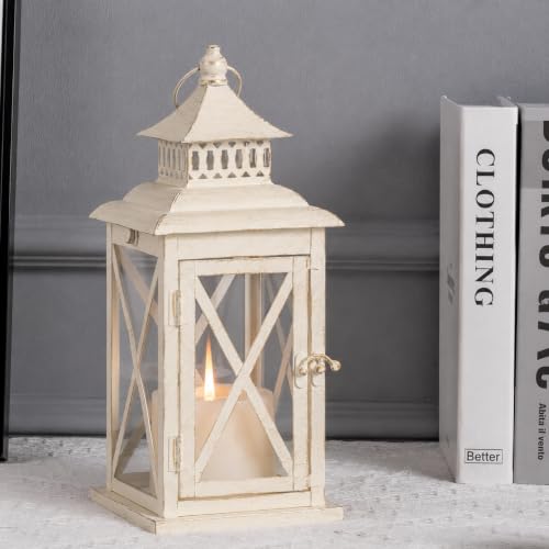 Lantern Decorative Indoor & Outdoor,Large Square Hanging Spring Home Decor, Vintage Metal Decorative Candle Lanterns for Outdoor Patio Wedding Party Beige with Copper Brush - color: Beige / 14.8'' / 1 Pc