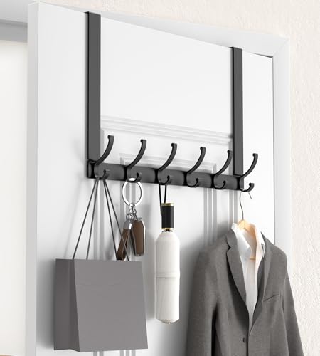 KitchLife Long Over The Door Hooks Hanger with 15.75 inches Extended Arms, Fits 1 3/8" Doors, F40U, 6 Double-Hanger Design Thickened Heavy Duty Bathroom Towel Rack Organization, Matte Black, 1 Pack - color: Matte Black, size: Fits 1 3/8" Doors with 15.75"