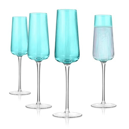 ARTLAND Soho Optic 16 Piece Glassware Set - Durable Glasses for Every Occasion - Champagne, Double Old Fashion, Goblet, Highball Glasses, Barware Essentials for Entertaining & Gifting (Turquoise) - color: Light Turquoise, style: 16-Piece Glassware Set