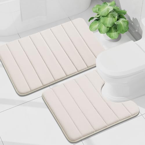 Buganda Memory Foam U-Shaped Toilet Rug Bath Mat Sets 2 Piece, 30x20+24x20 | Cream, Bathroom Mat and Contoured Toilet Rug, Machine Wash Dry, Soft Absorbent Bath Rug for Bathroom, Shower and Tub - color: Cream, size: 30" X 20"+24" X 20"