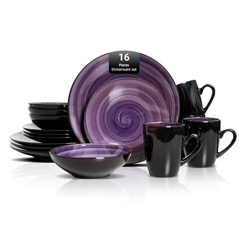 HomeVss Sonoma 16-Piece Dinnerware Set - Serves 4, Black and Speckled Purple Plates & Bowls Set | Microwave & Dishwasher Safe, Spinwash Purple - color: Purple