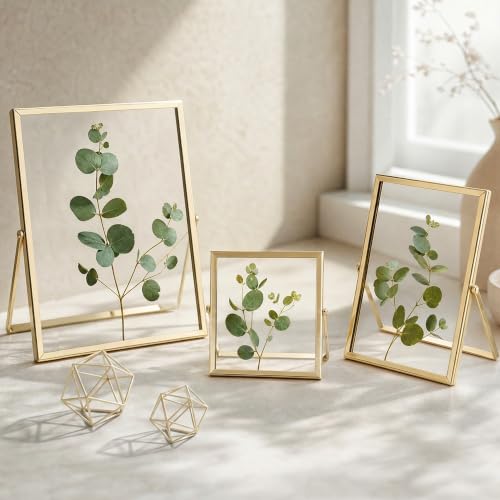 Gold Floating Picture Frames Set of 3, Metal Photo Frame with Glass Cover | Vertical Tabletop Picture Frames for Home Decoration, Multi Sizes Including 4x4, 4x6, 5x7 - color: Gold