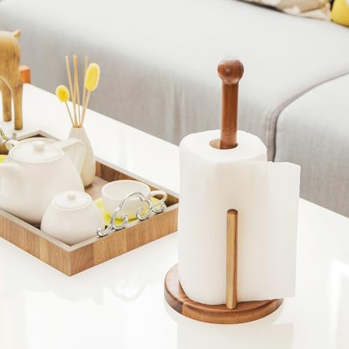 14" Acacia Wooden Paper Towel Holder, Wooden Paper Towel Roll Stand 6.7" Large Heavy Base Organizer Standing, Rustic Farmhouse Paper Towel Holder Stand, Paper Towel Roll Holders Free Standing - color: Double Stick