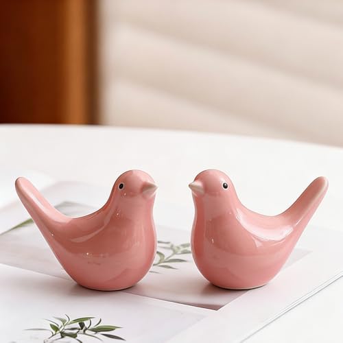 2 Pcs Handmade Ceramic Birds Statues Modern Decorative Ornament for Home Garden Office Shelf, Cute Bird Lover Gift, Small Bird Figurine Animal Sculptur (Pink2) - color: Pink2
