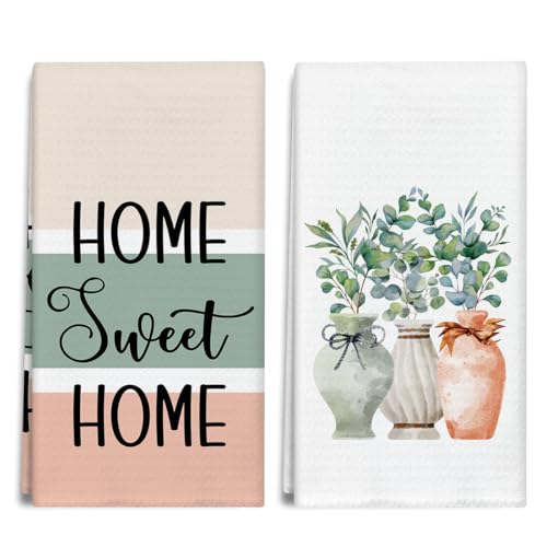 Sweet Home Kitchen Towels and Dishcloths Set of 2, Vase Eucalyptus Decorative Hand Towel Drying Cloth for Bathroom Baking, Housewarming Gift for Hostess, Women, 16x24 Inches -06 - color: Sweet Home