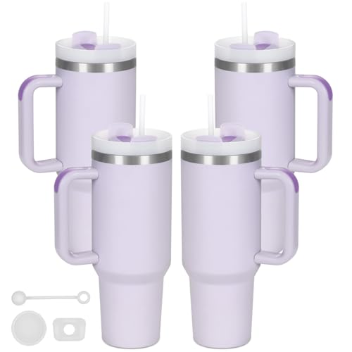 4 Pack 40 Oz Tumbler with Handle Bulk, Double Wall Vacuum Insulated Stainless Steel Tumbler with Lid and Straw, 40 oz cup with Silicone Spill Proof Stopper Set (Purple) - color: Purple