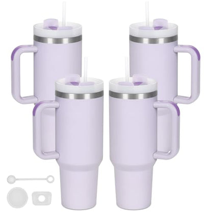 4 Pack 40 Oz Tumbler with Handle Bulk, Double Wall Vacuum Insulated Stainless Steel Tumbler with Lid and Straw, 40 oz cup with Silicone Spill Proof Stopper Set (Purple) - color: Purple