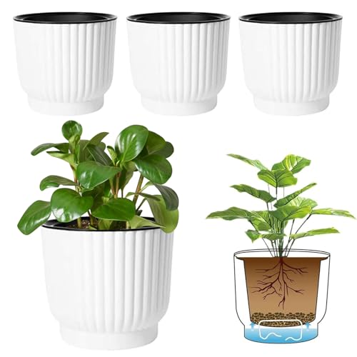 T4U Self Watering Pots for Indoor Plants, 7 Inch 4 Pack Planter White | African violet pothos ferns, Herb garden kitchen, Bottom feed reservoir, Easy care maintenance - color: White, size: 7 Inch