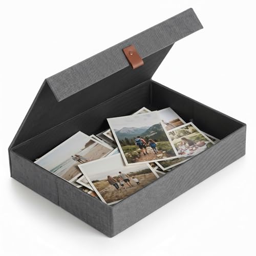 ZICOTO Decorative Photo Storage Box with Lid - Beautiful Linen Organizer | Safely Stores Your Pictures, Documents, Scrapbooking Supplies, Keepsakes and Other Memories in Style - color: Gray