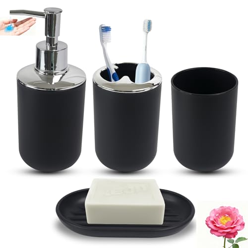 Matte Black Bathroom Accessories Set, 4 Piece Plastic Bathroom Toothbrush Holder Set, Include Soap Dispenser, Toothbrush Holder, Rinse Cup, Soap Dish, Boho Black Bathroom Decor for Home, Bathroom Set - color: Black, size: 4 Piece