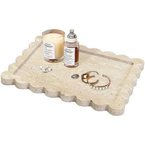 Scalloped Marble Tray,Marble Vanity Trays for Bathroom 12" x 9", Scalloped Tray,Wave Appearance Jewelry Home Decor Stone Trays for Kitchen Counter, Bathroom, Beige Travertine - color: Beige Travertine