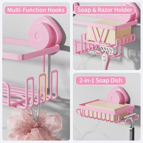 KEGII Suction Cup Shower Caddy 3 Pack, Bathroom Storage Shelf, Pink | Rustproof Stainless Steel Design with Soap Holder and Hooks, Removable No Drill Storage for Shampoo and Bath Accessories
