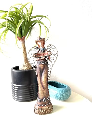 SUREG Western Cowgirl Angel Holding Cross, Family, Friend Figurine Statue Hand Painted Rustic Life-Like Detailed Home Office Decoration Poly Resin 1 Item (Holding Friend Sign) - color: Holding Friend Sign