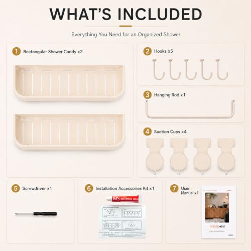 Shower Caddy Suction Cup, Removable Shower Organizer Shelf,2 Pack | Large Capacity, Rustproof Aluminum, 2 Install Ways, Includes Hooks&Hanging Bar,Wall-Mounted Bathroom Organizer Storage Holder - color: Milky White