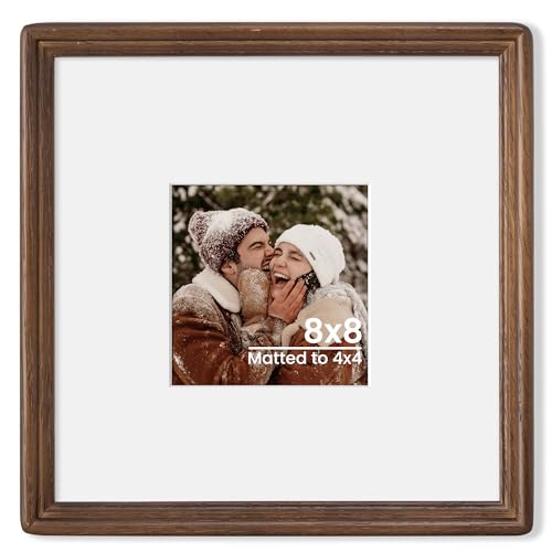 8x8 Natural Solid Oak Wood Picture Frame with 4x4 Mat, Premium Rustic Wooden Photo Frames with Plexiglass, Poster Photo Frame Suitable for Gallery Wall Mount or Tabletop Display, Walnut - color: Walnut, size: 8x8-1P
