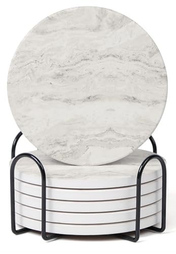 Set of 6 Off White Abstract Onyx Marble Coasters with Holder, Absorbent Ceramic Coasters for Drinks, Coasters with Cork Backing for Table Protection, Coffee Table Decor - color: Off White
