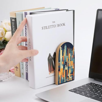 Geometric Shapes Pattern Bookends 1 Pair Heavy Duty Book Ends for Shelves Non-Skid Bookend Supports Wooden Book Holders with Metal Base Desk Organizers Books Storage to Hold Books