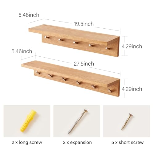 Wall Hooks with Shelf Oak Wood Coat Rack Shelf Wall Mounted, Entryway Shelves with 6 Metal Hangers for Clothes Hats Towel for Bathroom, Bedroom, Living Room (Natural, 27.5 inches) - size: 27.5 inches