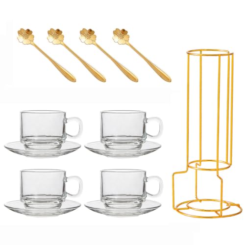 Glass Turkish Teacup and Saucer Set of 4 with Metal Stand, 5.4OZ/ 160ML Stackable Coffee Mug with Spoon for Tea Espresso Juice Cappuccino and Latte, Clear - color: Clear