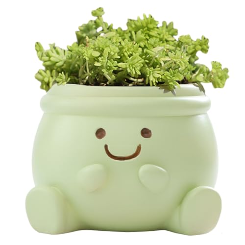 Cute Face Planter Pot, Small Resin Head Planters for Indoor Plants, Funny Smiling Face Flower Pot Succulent Planter with Drainage Hole, Gift IdeaI for Birthday Christmas (Green) - color: Green