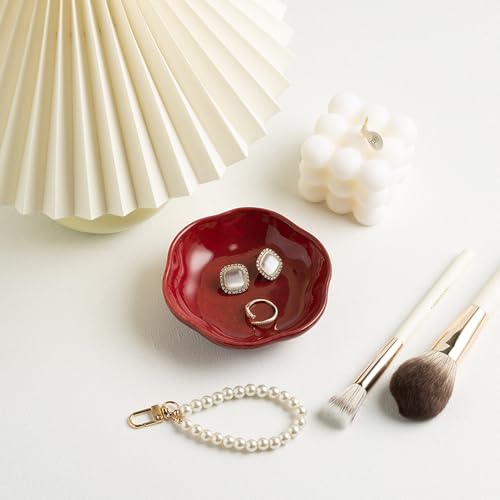 BEUNAIZER Ceramic Ring Dish, 4.3 in Flower Jewelry Tray with Raised Sides | Keeps rings, earrings, keys and hair accessories visible on a vanity, nightstand or bathroom counter. - color: red