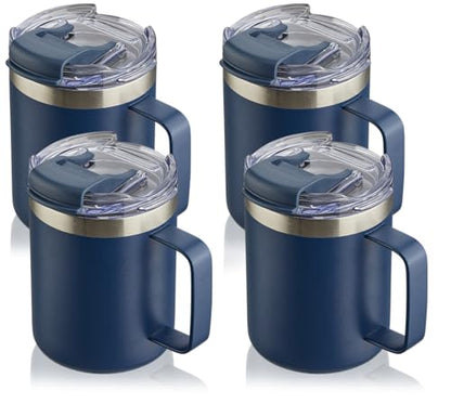 12oz Insulated Travel Coffee Mug with Handle, Navy, 4 Pack | Stainless Steel Coffee Tumbler with Lid, Double Wall Vacuum Thermal Cup for Camping - color: Fliping Lid: Navy, size: 12 Ounces (Pack of 4)
