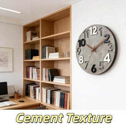 12-inch Silent Wall Clock, Concrete Gray | 3D Raised Numerals, Wooden Dial, Model: M-8846 - color: Concrete Gray
