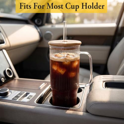40 oz Glass Tumbler with Handle, Large Glass Tumbler with Straws and Lids, 2 Pack Ribbed Drinking Cups for Iced Coffee, Boba, Smoothies, Juice and Water