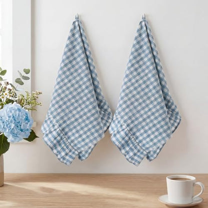 HunnmingRe 2 Pcs Dusty Blue Gingham Kitchen Towels Cotton Ruffle Dish Towel | 100% Cotton Dish Cloths, 18x28 Inch Tea Towels For Farmhouse Gifts, Soft Absorbent, Drying Dishes, Classic Plaid Pattern - color: Dusty Blue, style: Gingham