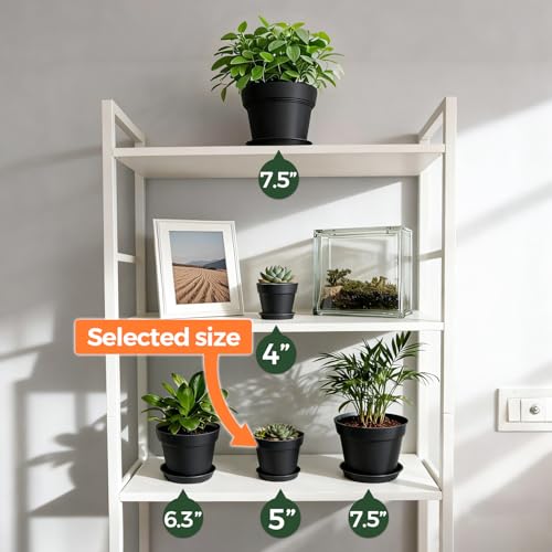 T4U Small Plant Pots 5 Inch 18 Pack, Plastic Flower Pots with Saucer Black | Nursery containers for succulents cactus herbs, Desk windowsill shelf, Violet african violet, Compact lightweight - color: Black, size: 5 In