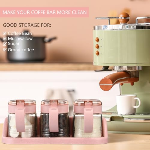 3 Pcs Sugar Coffee Container Set 16 oz Glass Condiment Jar Spice Container Coffee Station Organizer Set with Label Stickers Scoop for Bean and Sugar Candy, Oats, Nuts(Pink) - color: Pink