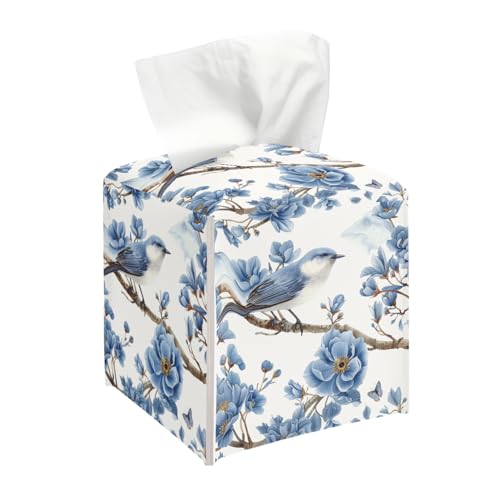 Vintage Floral And Bird Tissue Box Cover, Blue Tissue Holder Square - color: Floral Bird-2