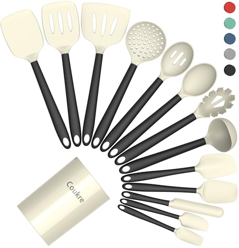 Coukre Silicone Kitchen Cooking Utensils Set, Heat Resistant, 14-Piece | Dishwasher-Safe, Food-Grade Silicone, BPA-Free, Spatulas, Spoons & Turner, Safe for Nonstick Cookware, Beige - color: Beige