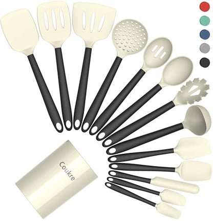 Coukre Silicone Kitchen Cooking Utensils Set, Heat Resistant, 14-Piece | Dishwasher-Safe, Food-Grade Silicone, BPA-Free, Spatulas, Spoons & Turner, Safe for Nonstick Cookware, Beige - color: Beige
