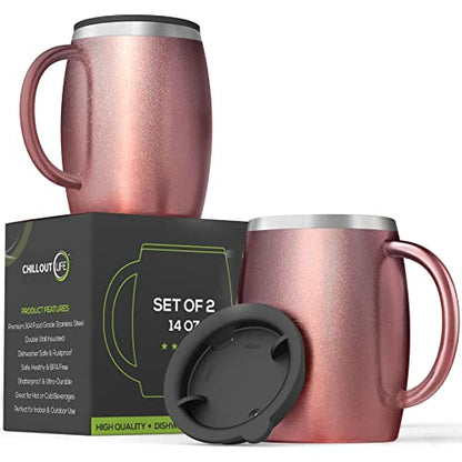 Stainless Steel Insulated Coffee Mugs Set of 2 (14 oz) – Double Wall Coffee Cups with Spill-Resistant Lid and Strong Handle, Shatterproof Cups for Cold Drinks & Hot Beverages - Rose Gold - color: Rose Gold