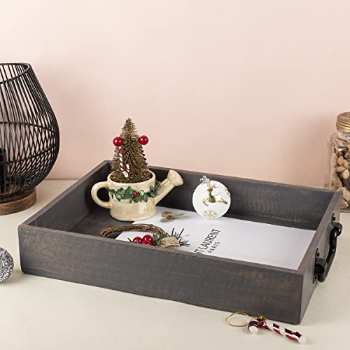 GoCraft Handmade Wooden Tray with Metal Handles – 15" x 11" x 2.5" Decorative Serving Tray in Grey Washed Finish – Versatile Tray for Breakfast in Bed, Lunch, Dinner, Appetizers, Coffee Table
