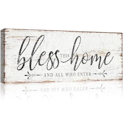 pureluca Bless This Home And All Who Enter Sign, Front Door Entryway Narrow Wall Decor, Rustic Greeting Framed Canvas Housewarming Gift, 6x17 Inches - color: AC26-023-bless this home, size: 17L" x 6W"