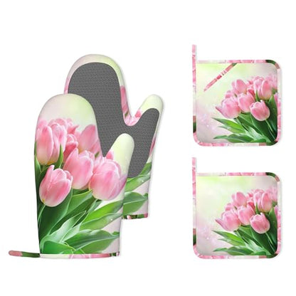 Pink Tulips Romantic Silicone Oven Mitts and Pot Holders,Heat-Resistant 4 Piece Kitchen Set Non-Slip Oven Gloves and Hot Pads for Cooking, Baking, Grilling,BBQ - color: Pink Tulips Romantic