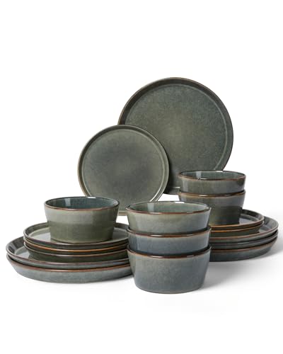 Dinnerware Sets, Microwave Safe Plates and Bowls Sets, Dishes Set for 6, Chip & Scratch Resistant Dinner Set, Hand Glazed Farmhouse Dishware Sets, Green Wheat - color: Green Wheat, size: Service for 6-18Pcs