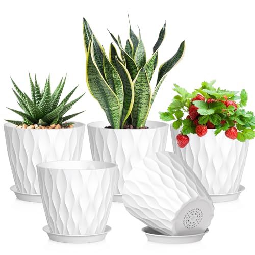 Meowell 7 inch Plant Pots for Indoor Outdoor Plants, 5 Pack Thick Nursery Pots with Drainage Holes and Saucers, 3D Modern Wave Texture Plastic Planter Pots for Flowers and House Plants, White - color: White, size: 7'' 5pcs