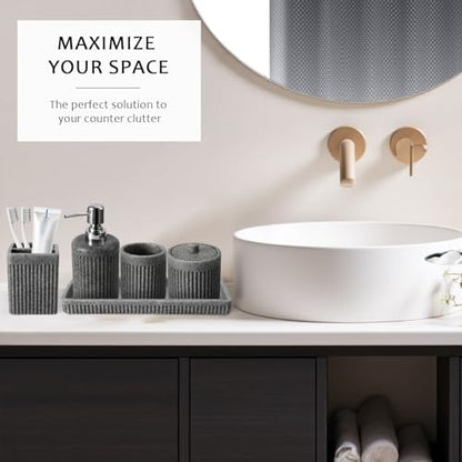 XLHOMO 8-Piece Grey Bathroom Sets with Shower Curtain and Rugs, Resin Bathroom Accessories Sets Complete with Soap Dispenser, Toothbrush Holder, Tumbler & Apothecary Jars Bathroom Essentials - color: Grey, size: Resin Bath Set Complete