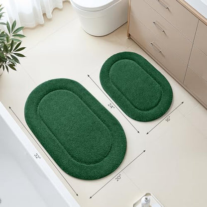 HOMEIDEAS Dark Green Oval Bathroom Rug Sets 2 Piece 20" x 32" + 16" x 24" | Microfiber Bath Mats, Non-Slip TPR Backing, Ultra Absorbent & Quick Dry, Machine Washable for Bathroom, Shower, Tub - color: Dark Green