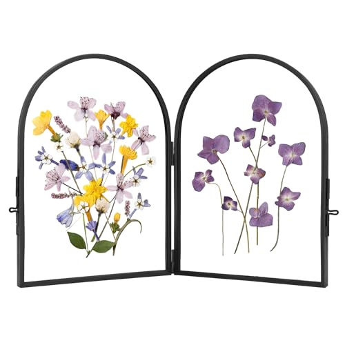 REDHUGO Double Glass Frame for Pressed Flowers Arc Black, 5×7 Inches | Handmade, Pressed Flower Frame, Hinged Tabletop Brass Photo Frames, Dried Flower Display Folding Picture Frame for Home - color: Black, size: 5L" x 7W"