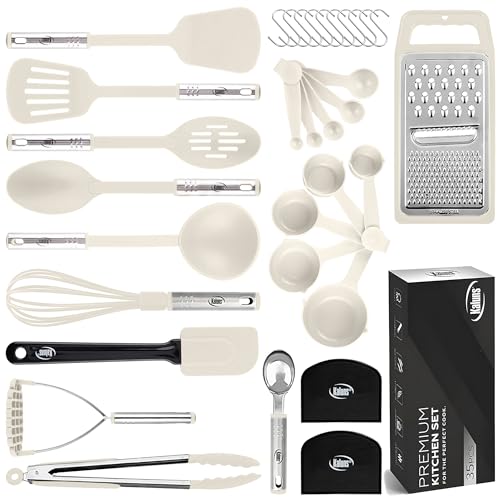 Kitchen Utensils Set 35 PCS Cooking Utensils Set, Nonstick and Heat Resistant Nylon Stainless Steel Silicone Spatula Set - Kitchen Gadgets Home Essentials Kitchen Accessories, Apartment Must Haves - color: Khaki